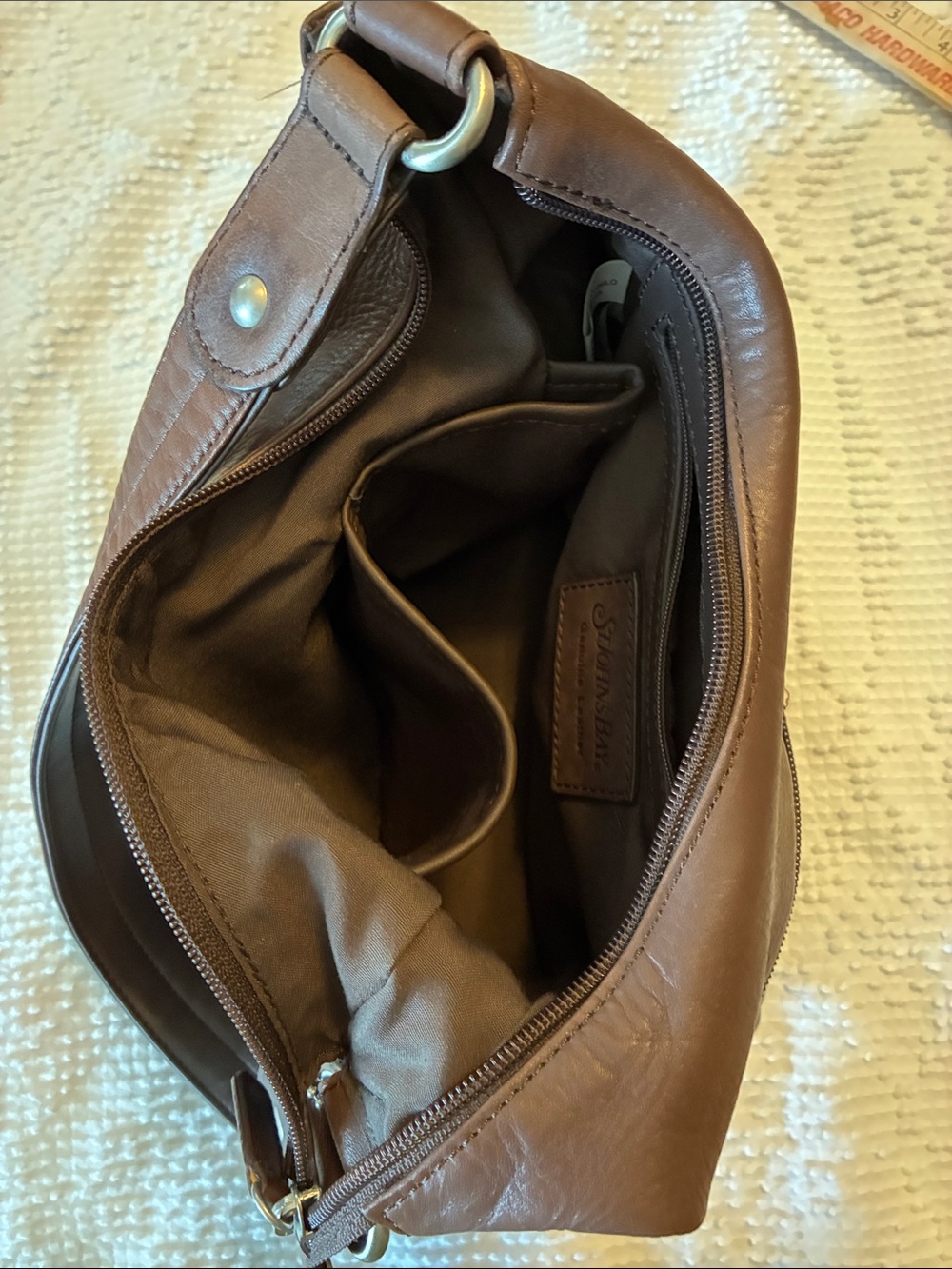 St. John's Bay Brown Leather Shoulder Bag with Front Zip - Picture 8 of 9
